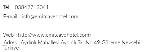 Emit Cave Hotel telefon numaralar, faks, e-mail, posta adresi ve iletiim bilgileri